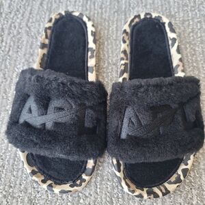 NIB APL Shearling Animal Print Slides, Size 7, Color Black/Leopard